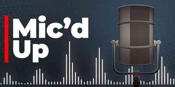 Podcast logo banner containing a microphone shaped like an oil barrel