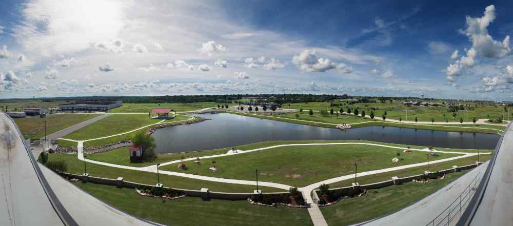 A stitched panoramic photo of the VOM headquarters property taken from the headquarters building